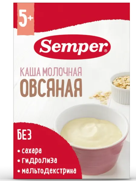 Детская молочная каша Semper, овсяная без добавок, сухая без сахара, с 5 месяцев, 180 г