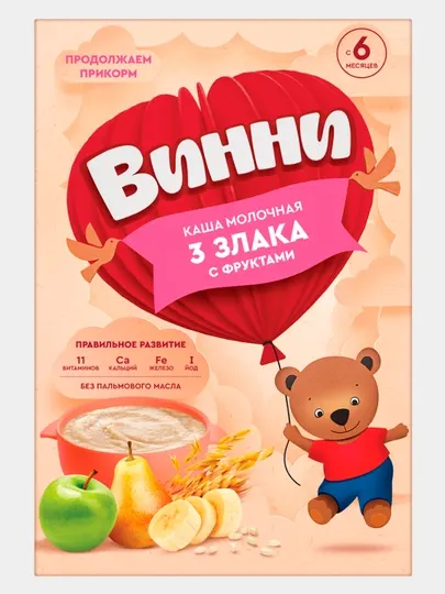 Молочная каша Винни, 3 злака с фруктами, 200 гр