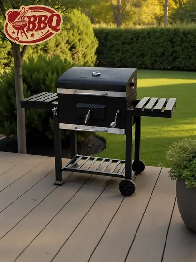 Угольный гриль BBQ с крышкой, на колесах, с боковой полкой и термометром
