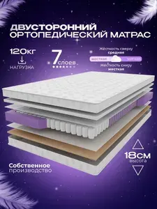 Ортопедический пружинный двуспальный матрас VITAFLEX Organic CSk 185х195 см, двусторонний, с кокосом, разной жесткости, в рулоне