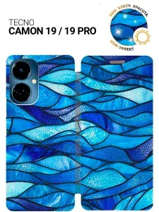 Чехол-книжка на Tecno Camon 19 / 19 Pro с принтом "Синий витраж" золотой