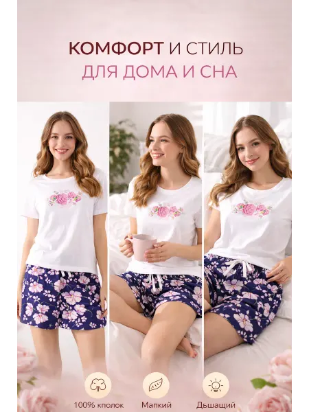 Пижама женская с шортами хлопковая для сна и дома
