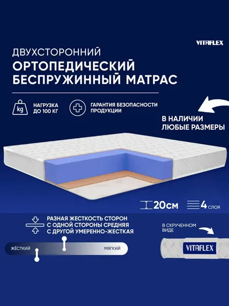 Ортопедический детский односпальный беспружинный матрас 70х170 VITAFLEX Medicine 19V Sk, с латексом, кокосовый, ППУ, разная жесткость сторон, в рулоне