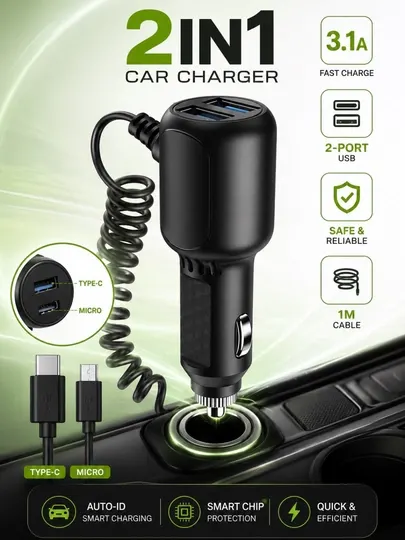 Автомобильный FM-трансмиттер и зарядное устройство, USB + Type-C, 3.1A