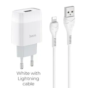 Сетевое зарядное устройство Hoco C72A, 1USB, 2.1A+кабель Lightning 1м, цвет белый (зарядка для iPhone 5-14)