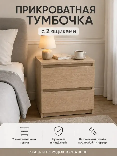 Прикроватная тумбочка с 2 ящиками сонома