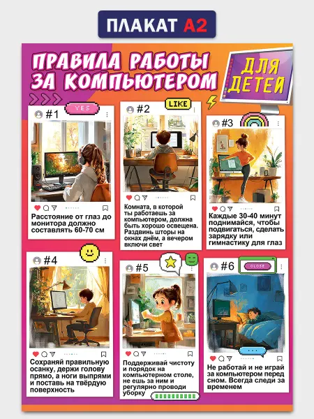 ТМ праздник Плакат правила работы за компьютером для детей А2