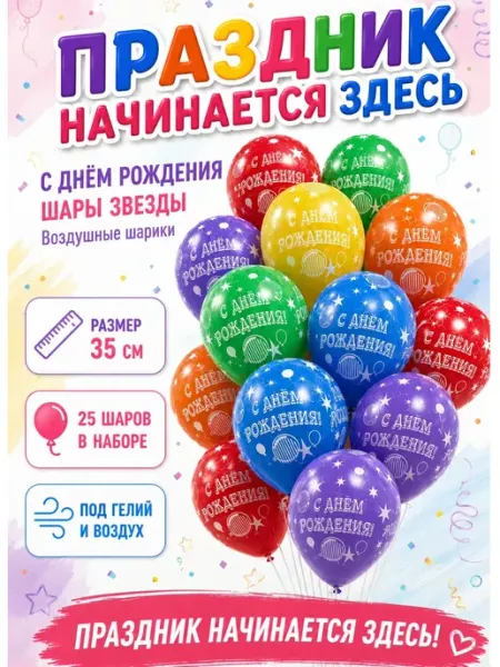 Весёлая затея Воздушные шарики с днем рождения 35см Круги25шт