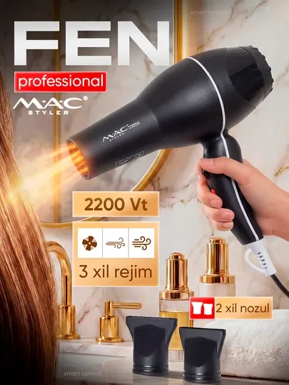 Фен MAC Styler Professional 2200Вт, фен для волос, 3 режима, 2 насадки, быстрая сушка
