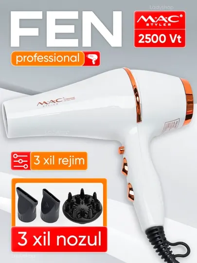 Фен для волос MAC Styler 2200 Вт, профессиональный, 3 режима, 2 насадки