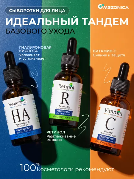 Mezonica Face serum set Сыворотка для кожи лица Гиалуроновая кислота + Витамин С + Ретинол 2.5%, набор 3 х 30 мл
