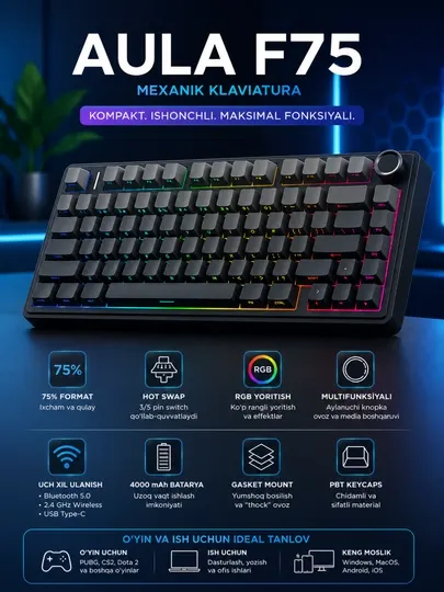 Механическая клавиатура AULA F75, быстросменная клавиатура Bluetooth/2.4 ГГц/USB-C