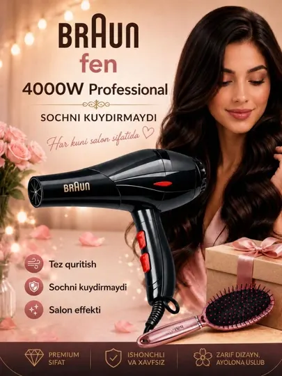 Профессиональный фен для волос Braun BR-6012 4000W 2 насадки, Массажная расческа в подарок