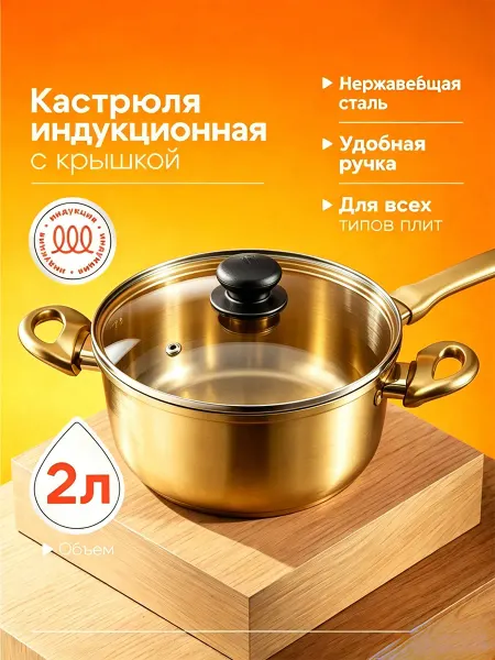 Кастрюля 2 л для индукционной плиты с крышкой Браво