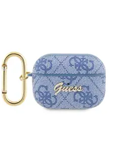 Чехол Guess PU leather для беспроводных наушников Apple Airpods Pro 2 / Аирподс Про 2 из экокожи с карабином и металлическим логотипом 4G, синий