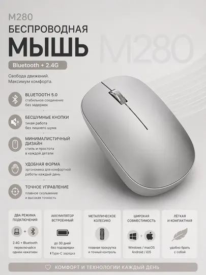 Беспроводная мышь, тихая мышка 2.4G, для ноутбука и компьютера, Type-C зарядка