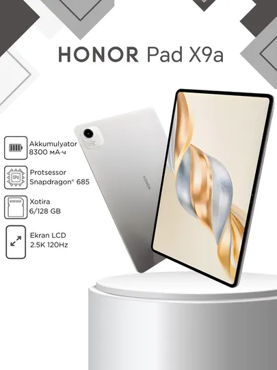 Планшет Honor Pad X9a 6+128 GB, Snapdragon® 685, LTE, Аккумулятор 8300 мАч, Экран 2.5К