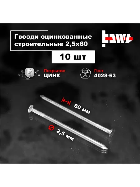 BOWT Гвозди строительные оцинкованные 2,5 х 60 10 шт