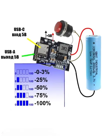 Модуль зарядки-разрядки PowerBank, вход Type-C, выход Type-A. 5 В 2 А