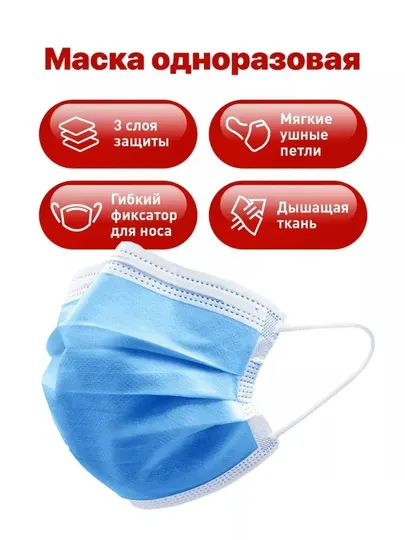 Одноразовая медицинская маска, 3-слойная, дышащая, с фиксатором для носа