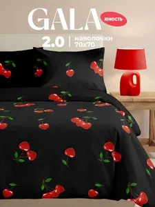 Постельное белье 2 спальное детское полисатин, нав. 70х70, GALA юность, Вишенки, черный, красный
