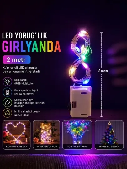 LED гирлянда 2 метра – декоративная подсветка на батарейках