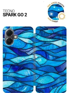 Чехол-книжка на Tecno Spark GO 2 с принтом "Синий витраж" золотой