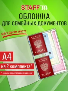Папка органайзер для 2-х комплектов семейных документов с файлами А4, ПВХ, матовая, Staff