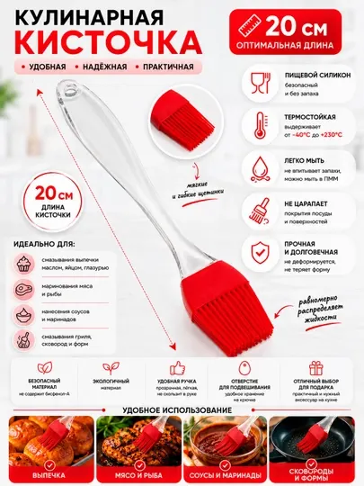 Кулинарная силиконовая кисточка 20 см для выпечки, гриля и мяса