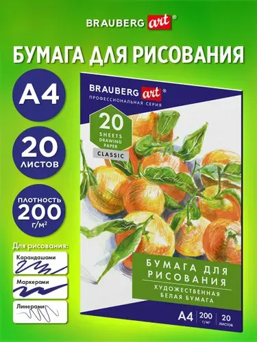 Бумага А4 для рисования, черчения, скетчинга и нейрографики в папке художественная плотная, набор 20 листов для творчества и школы, 200 г м2, Brauberg Натюрморт