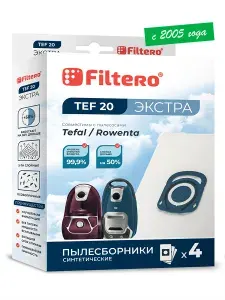 Мешки-пылесборники Filtero TEF 20 Экстра, для пылесосов Tefal, Rowenta, синтетические, 4 штуки, TW 3132, TW 3171, TW3985.