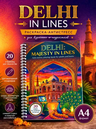 Антистресс раскраска Delhi in Lines, архитектура и узоры Индии, 20 страниц, A4