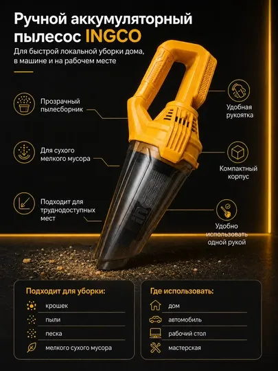 Пылесос ручной аккумуляторный INGCO CVLI201261 20В для авто и дома