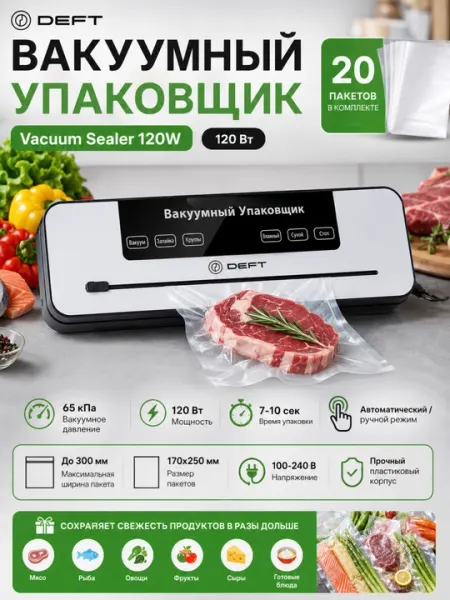 Вакууматор Deft , автоматический вакуумный упаковщик для продуктов, 20 пакетов в комплекте