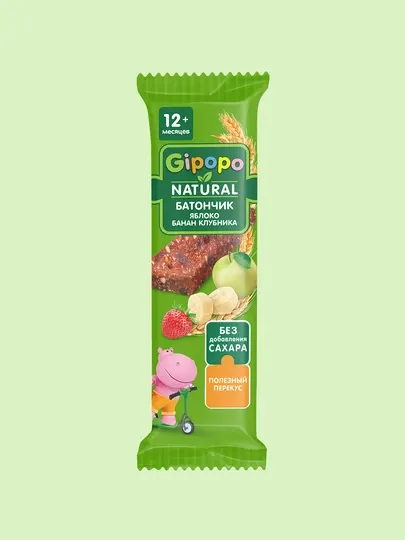 Батончик злаковый детский GIPOPO, яблоко, банан, клубника, 20 г