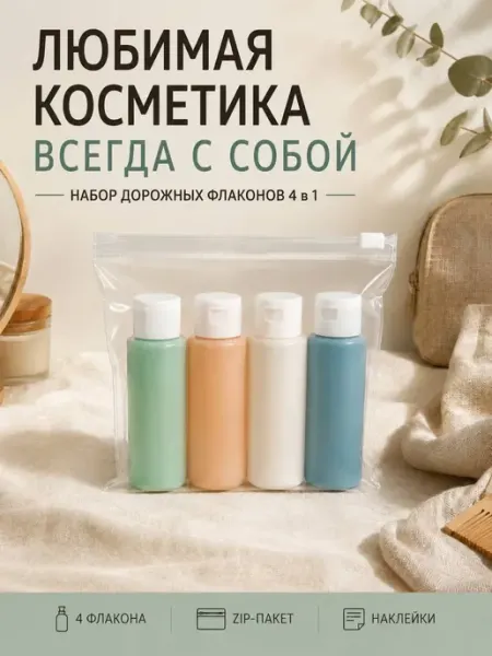 Мята_бренд Комплект дорожных флаконов для косметики 4 шт. с наклейками