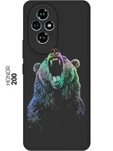 Силиконовый чехол на Honor 200 с принтом "Медведь Гризли" матовый черный