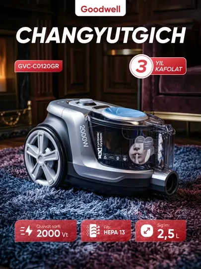 Пылесос контейнерный Goodwell GVC-0120GR/GVC-0220BL, 2000 Вт, циклонный + фильтр
