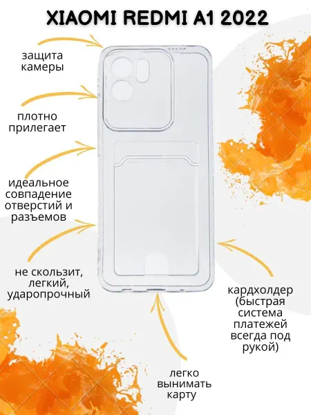 Y`Case Чехол на Redmi A1 2022 прозрачный, кардхолдер для карт