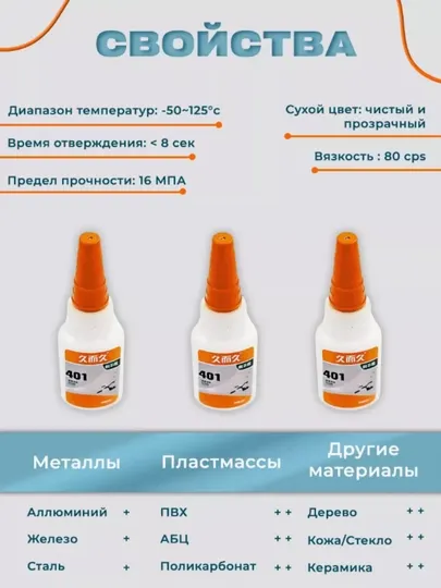 Супер Клей 401, Мгновенно Сохнущий, Сверхпрочний, 20 мл
