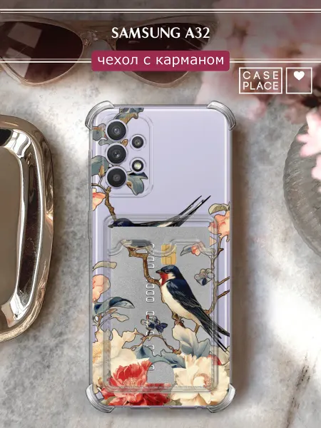 Samsung Чехол на A32 с картхолдером с цветочками