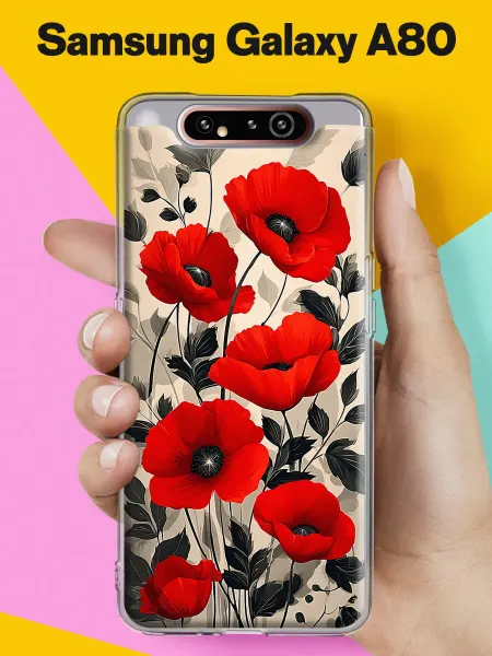 Samsung Чехол на A80 с принтом Красные маки винтаж