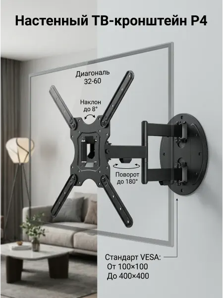 Кронштейн для телевизора VESA 100х100 до 400х400 мм