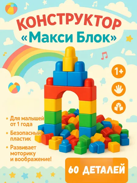 Блочный конструктор. Конструктор детский Макси Блок 60 деталей