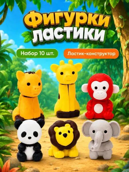 Игрушки ластики животные 10 шт, фигурки конструктор