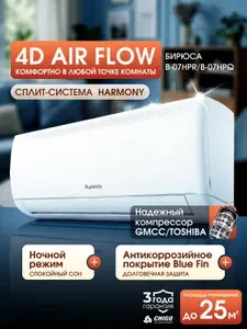 Сплит система кондиционер Бирюса B-07HPR/B-07HPQ / 20м2/ скрытый LED дисплей / 5 режимов, антибактериальный фильтр, комплект, компрессор GMCC-Toshiba