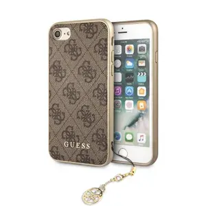 Чехол Guess PU leather на iPhone 7 8 SE 2020 / для Айфон СЕ из экокожи, с защитой камеры, с принтом 4G и металлической подвеской, коричневый