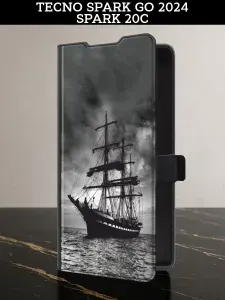 Чехол-книжка на Tecno Spark Go 2024 / Spark 20C (Текно Спарк Го 2024 / Спарк 20C) с картой и принтом "Корабль в пасмурном море"