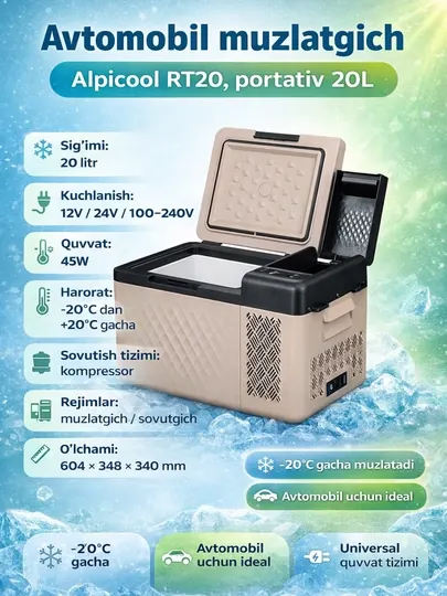 Alpicool RT20 портативный автомобильный холодильник 20L, компрессорный авто холодильник