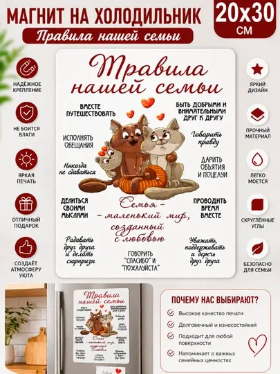Магнит на холодильник "Правила нашей семьи", прямоугольная форма, А4, 20x30 см